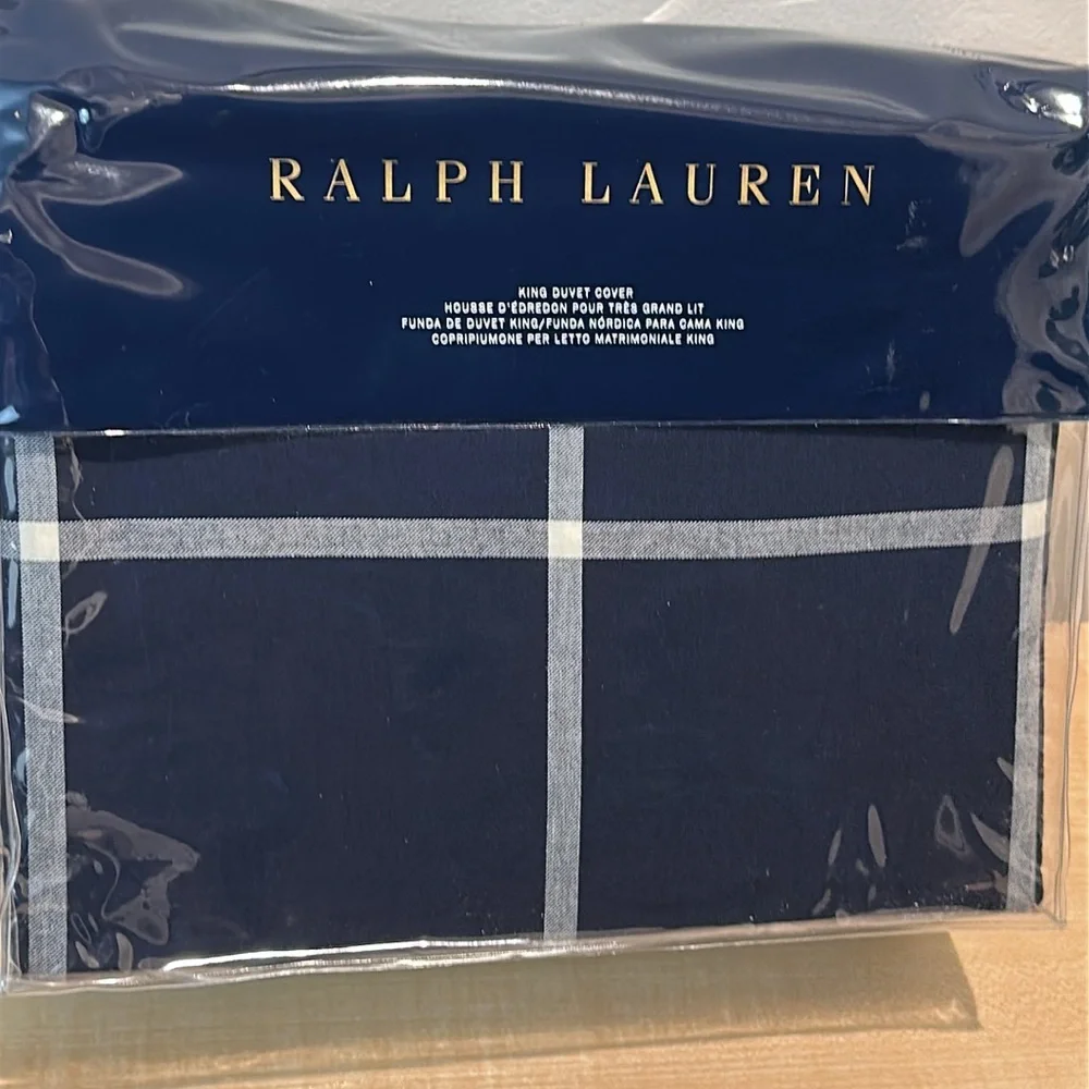 Ralph Lauren King Modern Equestrian Navy/Cream Windowpane Cotton Cashmere Duvet
